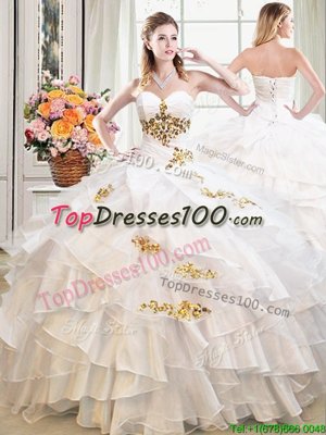 Fine Four Piece Dark Green Ball Gowns Sweetheart Sleeveless Organza Floor Length Lace Up Beading and Ruffles and Pick Ups 15 Quinceanera Dress