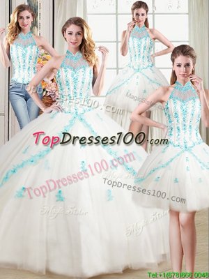 Fancy Four Piece Halter Top White Sleeveless Floor Length Beading and Appliques Lace Up Ball Gown Prom Dress