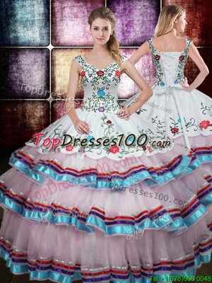 Traditional Straps Sleeveless Quinceanera Gowns Floor Length Beading and Embroidery Multi-color Taffeta