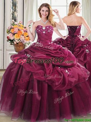 Lovely Sleeveless Organza Floor Length Lace Up Quinceanera Gowns in Burgundy for with Appliques and Pick Ups