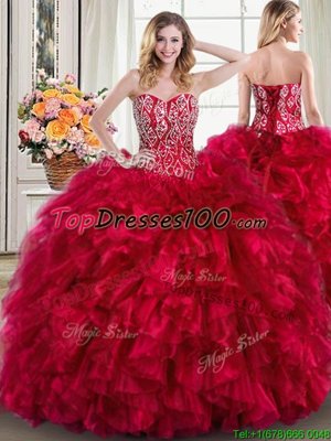 Nice Sleeveless Organza Brush Train Lace Up 15 Quinceanera Dress in Red for with Beading and Ruffles