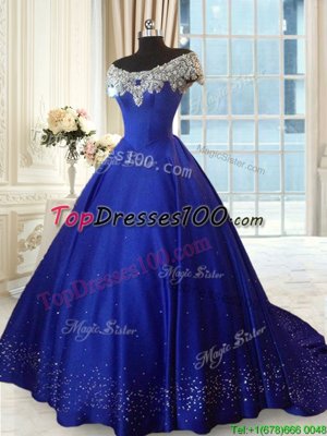 Off the Shoulder Cap Sleeves Lace Up Sweet 16 Dresses Royal Blue and In for Military Ball and Sweet 16 and Quinceanera with Beading and Lace