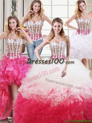 Four Piece White and Red Sweet 16 Dresses Military Ball and Sweet 16 and Quinceanera and For with Beading and Ruffles Sweetheart Sleeveless Lace Up