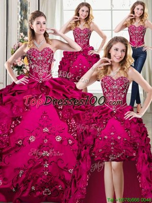 Elegant Four Piece Fuchsia Ball Gowns Organza and Taffeta Sweetheart Sleeveless Beading and Embroidery Floor Length Lace Up Quinceanera Dress