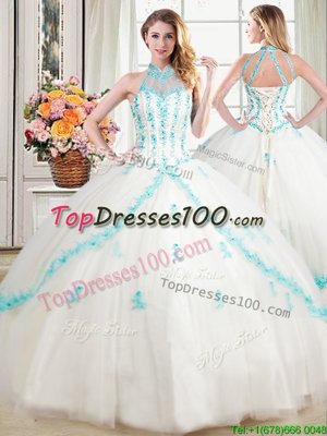Modest Halter Top Sleeveless Beading and Appliques Lace Up Vestidos de Quinceanera