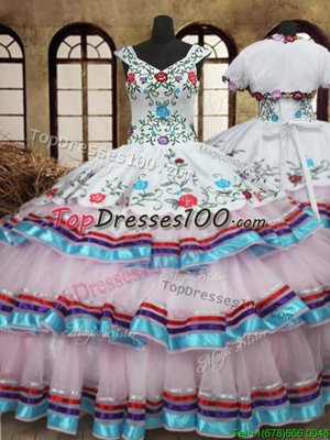 Affordable White Organza and Taffeta Lace Up Straps Sleeveless Floor Length 15th Birthday Dress Embroidery and Ruffled Layers