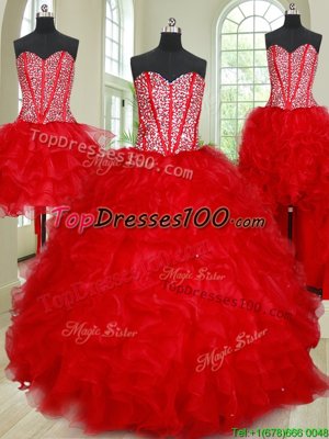 Low Price Four Piece Coral Red Ball Gowns Organza Sweetheart Sleeveless Beading and Ruffles Floor Length Lace Up Sweet 16 Dresses