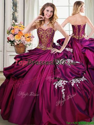 Burgundy Taffeta Lace Up Sweetheart Sleeveless Floor Length Sweet 16 Dress Beading and Appliques and Pick Ups