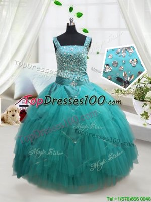 Stunning Turquoise Square Lace Up Beading and Ruffles and Belt Flower Girl Dress Sleeveless