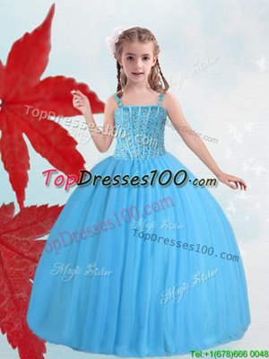 Sumptuous Ball Gowns Pageant Gowns For Girls Baby Blue Straps Taffeta and Tulle Sleeveless Floor Length Lace Up