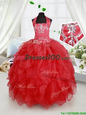 Halter Top Sleeveless Organza Floor Length Lace Up Party Dress for Girls in Red for with Beading and Ruffles
