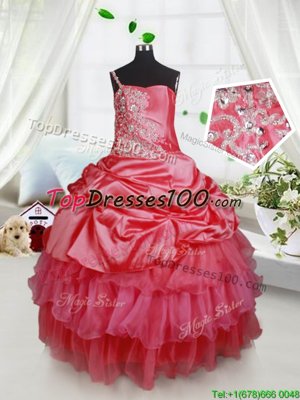 Ruffled Spaghetti Straps Sleeveless Lace Up Flower Girl Dresses for Less Red Organza and Taffeta