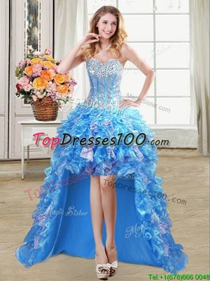 Baby Blue Organza Lace Up Sweetheart Sleeveless High Low Prom Dress Beading and Ruffles and Sequins
