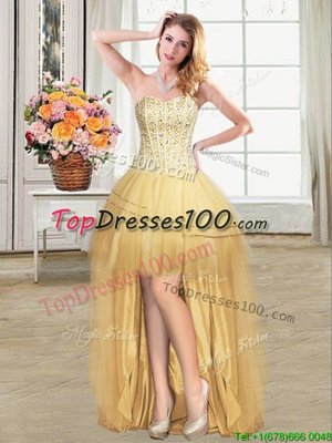 Dramatic Gold Lace Up Sweetheart Beading and Sequins Homecoming Gowns Tulle Sleeveless