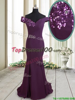 Luxury Mermaid Sequins Dark Purple Prom Party Dress Off The Shoulder Sleeveless Brush Train Zipper