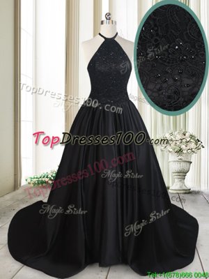 Unique Taffeta Halter Top Sleeveless Brush Train Lace Up Beading and Lace Dress for Prom in Black