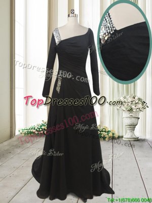 Perfect With Train Black Prom Evening Gown Asymmetric Long Sleeves Sweep Train Side Zipper