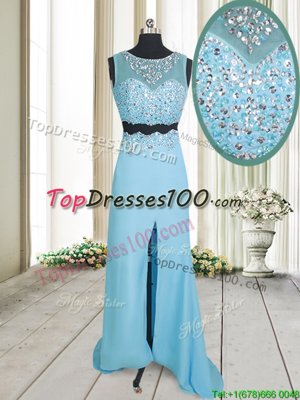 Comfortable Scoop Floor Length Column/Sheath Sleeveless Aqua Blue Prom Evening Gown Zipper