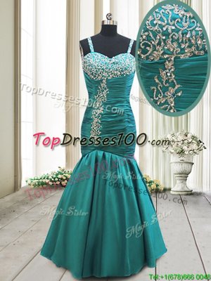 Mermaid Teal Lace Up Straps Beading and Ruching Dress for Prom Taffeta Sleeveless