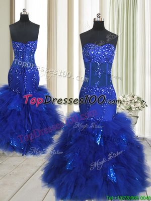 Modern Mermaid Royal Blue Sweetheart Lace Up Beading and Ruffles Evening Dress Sleeveless
