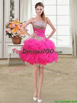 New Style Hot Pink Lace Up Strapless Beading and Ruffles and Ruffled Layers and Sequins Party Dress for Toddlers Organza Sleeveless