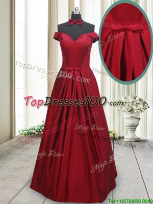 Wine Red A-line Taffeta Off The Shoulder Sleeveless Ruching and Bowknot Floor Length Lace Up Dress for Prom