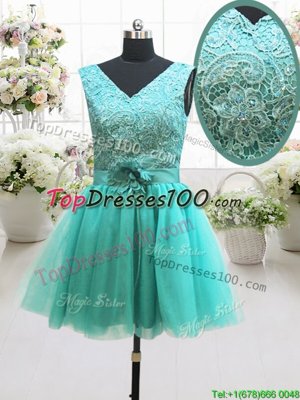 Turquoise V-neck Neckline Beading and Lace and Belt and Hand Made Flower Party Dress for Girls Sleeveless Lace Up