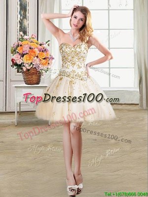 Luxurious Champagne Tulle Lace Up Cocktail Dress Sleeveless Mini Length Beading