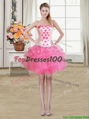 Elegant Rose Pink Strapless Neckline Beading and Appliques and Ruffles Custom Made Sleeveless Lace Up