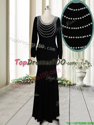 Scoop Black Column/Sheath Beading Prom Evening Gown Backless Elastic Woven Satin Long Sleeves Floor Length