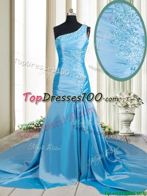 Noble Mermaid Baby Blue One Shoulder Zipper Beading and Appliques Homecoming Dress Brush Train Sleeveless