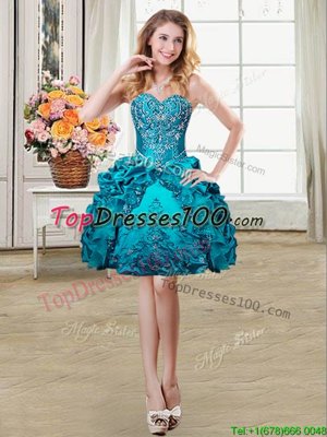 Dramatic Teal Ball Gowns Organza and Taffeta Sweetheart Sleeveless Beading and Embroidery and Pick Ups Mini Length Lace Up Teens Party Dress
