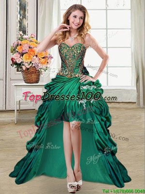 Sleeveless Taffeta High Low Lace Up Homecoming Party Dress in Dark Green for with Beading and Appliques and Pick Ups