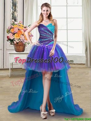 Affordable Sleeveless Lace Up High Low Beading and Ruffles Prom Homecoming Dress