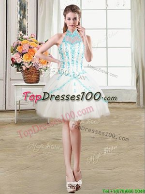 Halter Top See Through Mini Length White Party Dress for Toddlers Tulle Sleeveless Beading and Ruffles