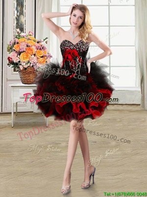 Unique Red Ball Gowns Beading and Ruffles and Hand Made Flower Party Dress for Girls Lace Up Organza and Tulle Sleeveless Mini Length