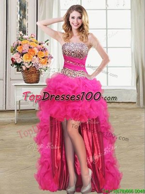 Suitable Hot Pink Lace Up Strapless Beading and Ruffles and Ruffled Layers and Sequins Prom Homecoming Dress Organza Sleeveless