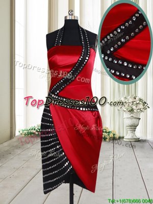 Halter Top Red And Black Column/Sheath Beading Womens Party Dresses Side Zipper Elastic Woven Satin Sleeveless Knee Length