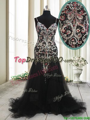 Smart Mermaid Black Sleeveless With Train Beading and Appliques Zipper Dress for Prom