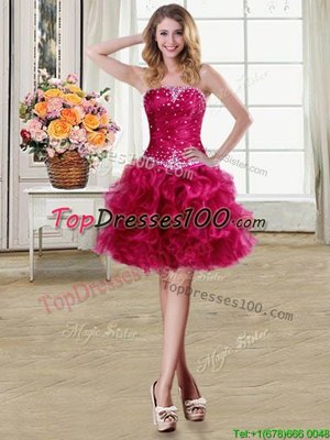 Fuchsia Ball Gowns Strapless Sleeveless Organza Mini Length Lace Up Beading and Ruffles Teens Party Dress
