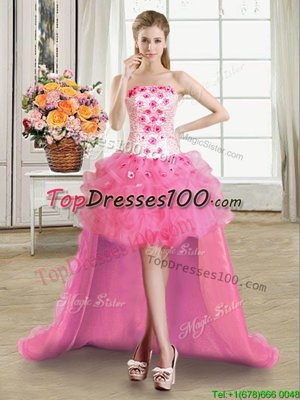 Edgy Organza Strapless Sleeveless Lace Up Beading and Appliques and Ruffles Homecoming Party Dress in Rose Pink