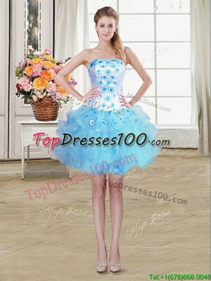 Hot Selling Baby Blue Ball Gowns Strapless Sleeveless Organza Mini Length Lace Up Beading and Appliques and Ruffles Cocktail Dresses