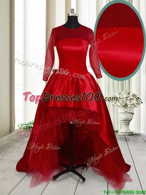 Top Selling High Low Wine Red Pageant Dress for Womens Scoop Long Sleeves Clasp Handle