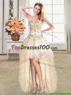 Modest Champagne Ball Gowns Tulle Sweetheart Sleeveless Beading High Low Lace Up Dress Like A Star