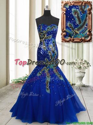 Fashionable Mermaid Blue Lace Up Sweetheart Beading and Appliques and Sequins Prom Evening Gown Tulle Sleeveless Brush Train