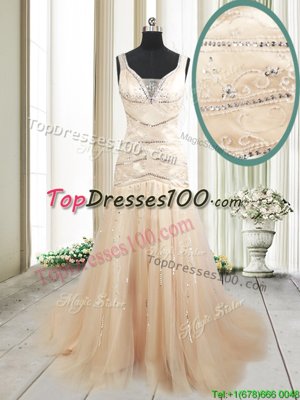 Mermaid Straps Straps Sleeveless Tulle With Train Sweep Train Lace Up Homecoming Dress in Champagne for with Ruching