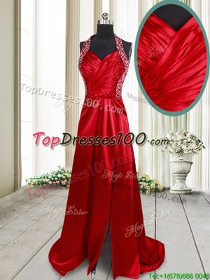 Halter Top Criss Cross Wine Red Prom Party Dress Elastic Woven Satin Brush Train Sleeveless Beading
