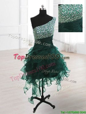New Arrival One Shoulder Organza Sleeveless Knee Length Party Dress Wholesale and Beading and Ruffles