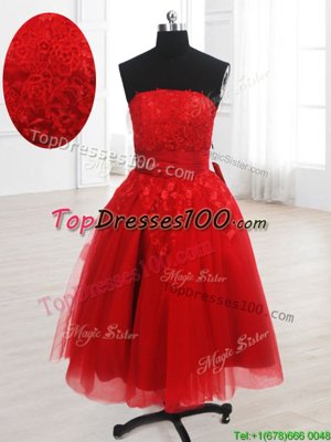 Sophisticated Sleeveless Organza Knee Length Lace Up Party Dresses in Red for with Embroidery