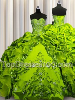 Artistic Olive Green Lace Up Sweetheart Beading and Embroidery and Ruffles and Sequins and Pick Ups Quinceanera Gown Taffeta Sleeveless